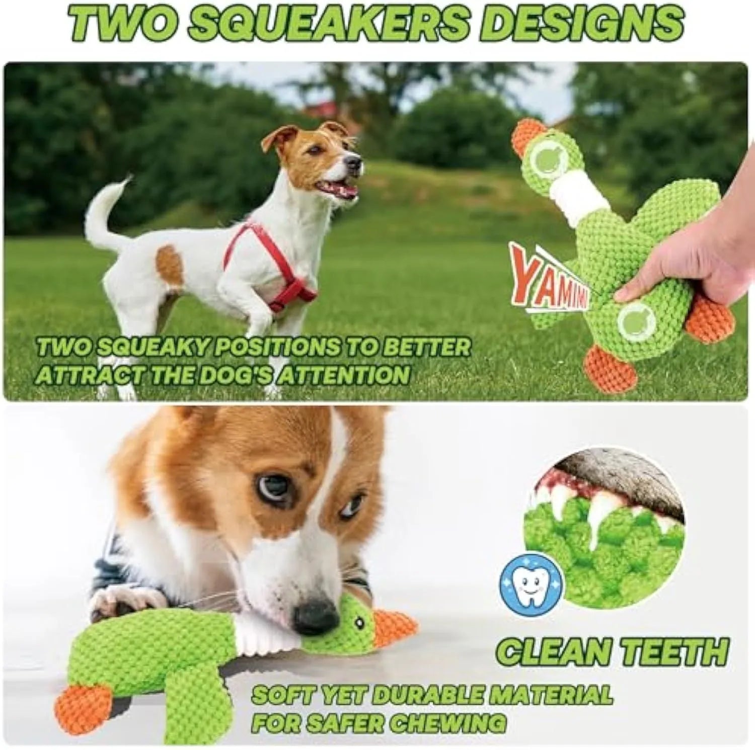 Blue duck plush dog toy with squeakers measuring 33cm long