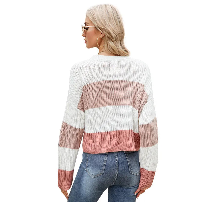 Women's short striped acrylic pullover in loose fit casual style