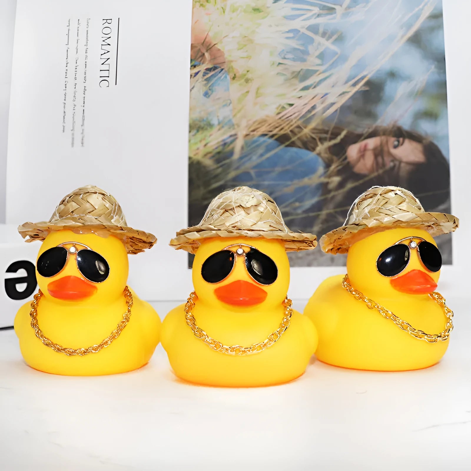 Cartoon yellow duck wearing straw hat car dashboard ornament with sunglasses necklace accessory