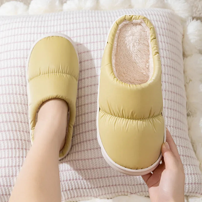 Down cotton slippers with artificial leather upper and thick rubber soles in multiple colour options