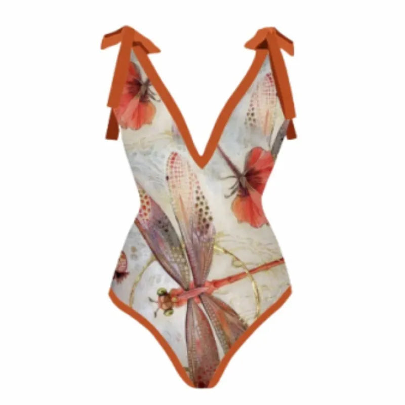 Retro Printed One-piece Swimsuit For Women European American French Style Pattern Bikini With Gauze Skirt Quick-drying Tight Backless Design Polyester Lining S M L XL Free Size Swimming Wading Sportswear