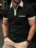 Men's loose fit casual short sleeve shirt with chest pocket and zipper decoration detail