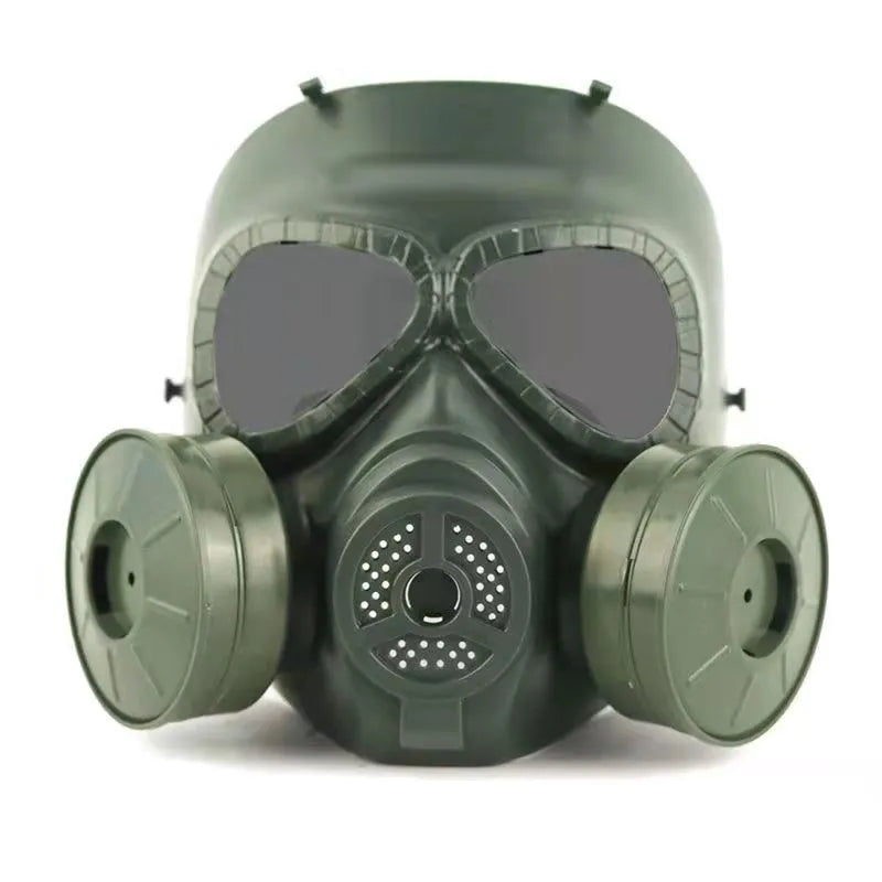 Outdoor anti-virus twin fan mask in black with transparent lens, head-mounted TPR design