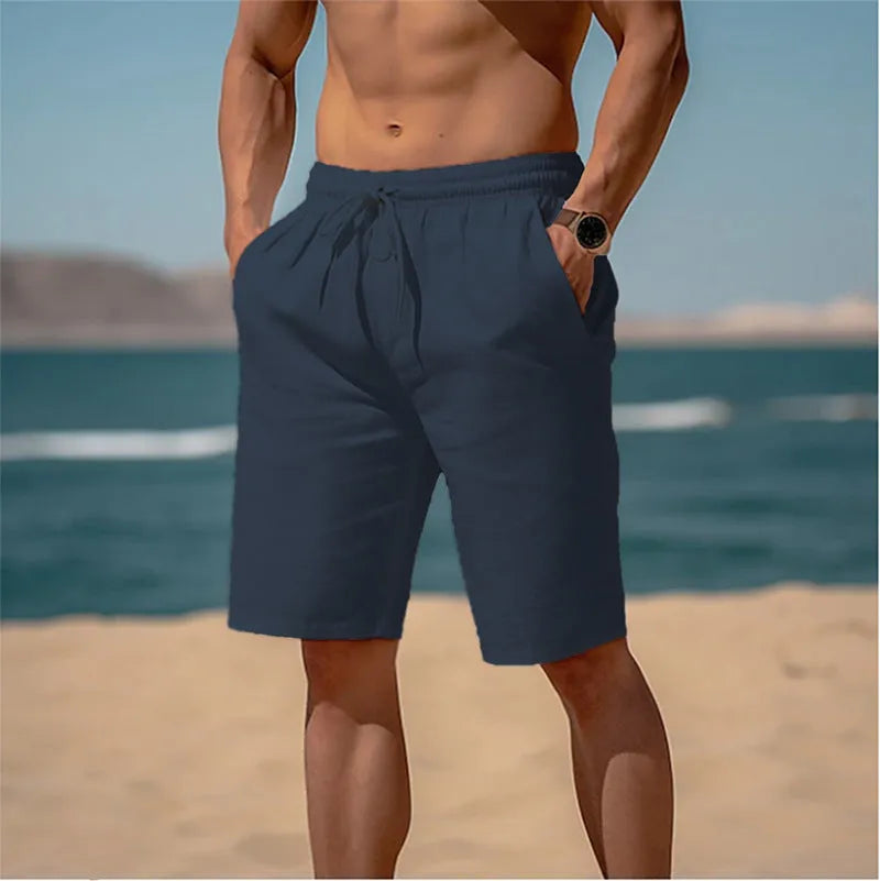Men's cotton linen drawstring shorts in solid colour with elastic waist for summer beach wear
