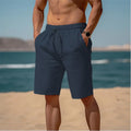 Men's cotton linen drawstring shorts in solid colour with elastic waist for summer beach wear
