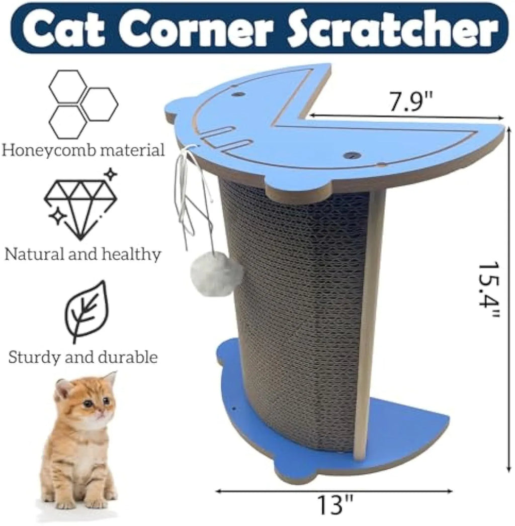 Grey cardboard cat corner scratching post with hanging yellow ball in a room corner.