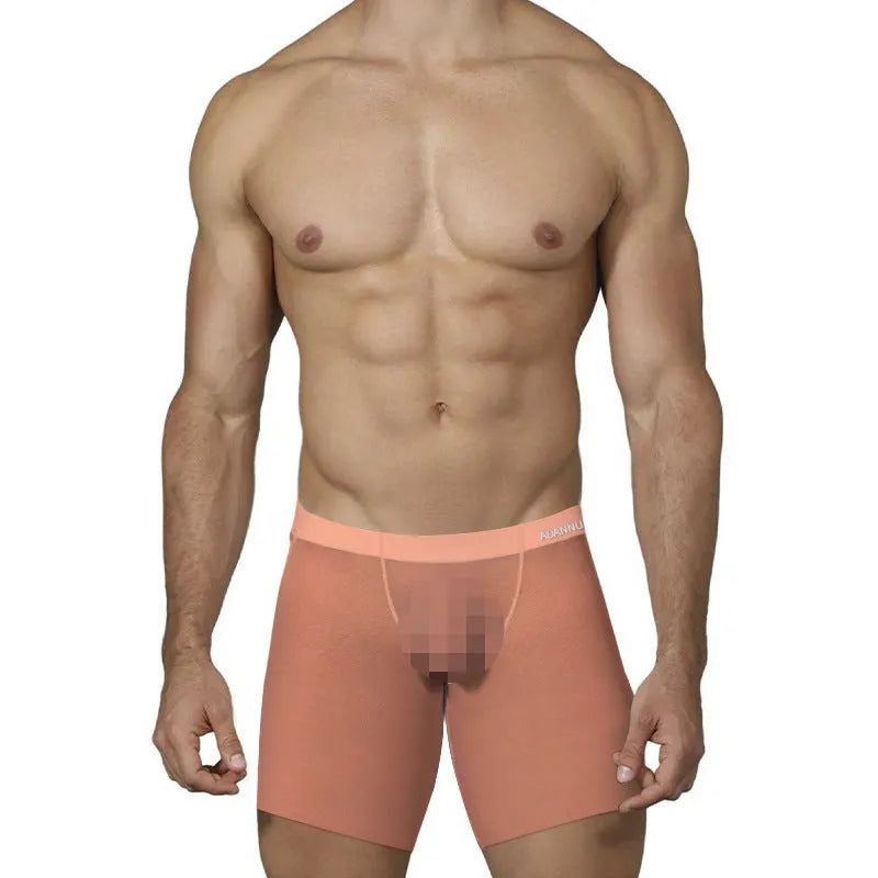 Men's solid colour boxer shorts in ice silk nylon fabric on a white background.