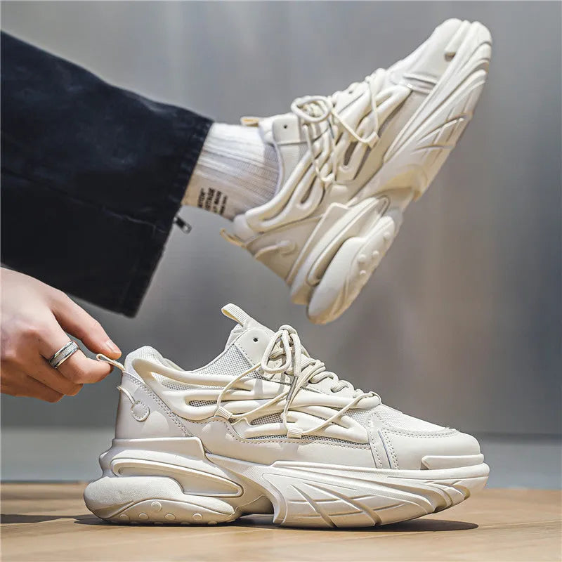 Men's beige low-top lace-up sneaker with mesh upper and platform rubber sole