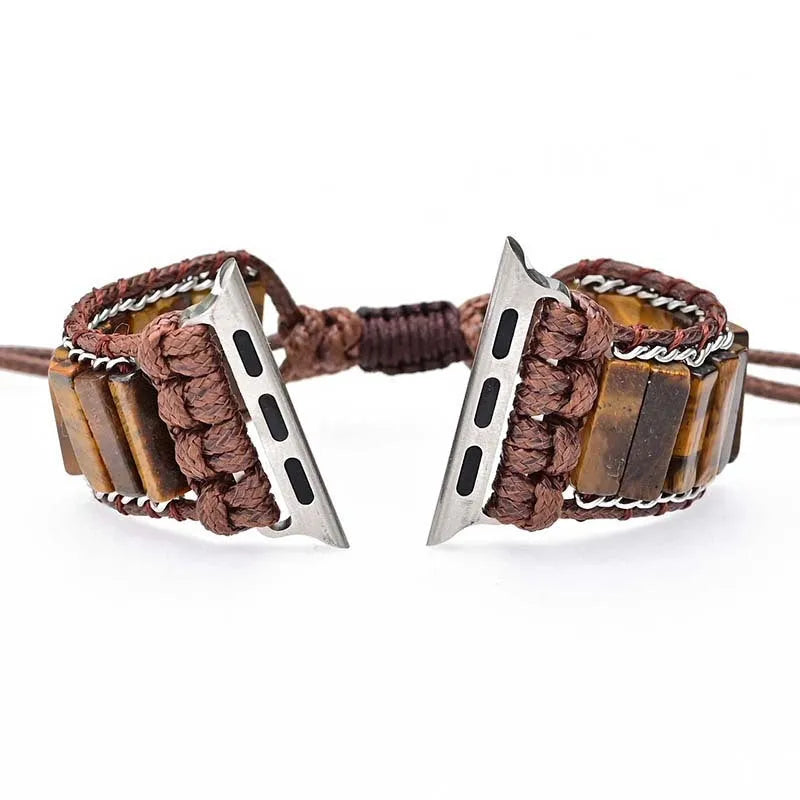Rectangular tiger eye stone chain on an adjustable textile men's watch strap bracelet