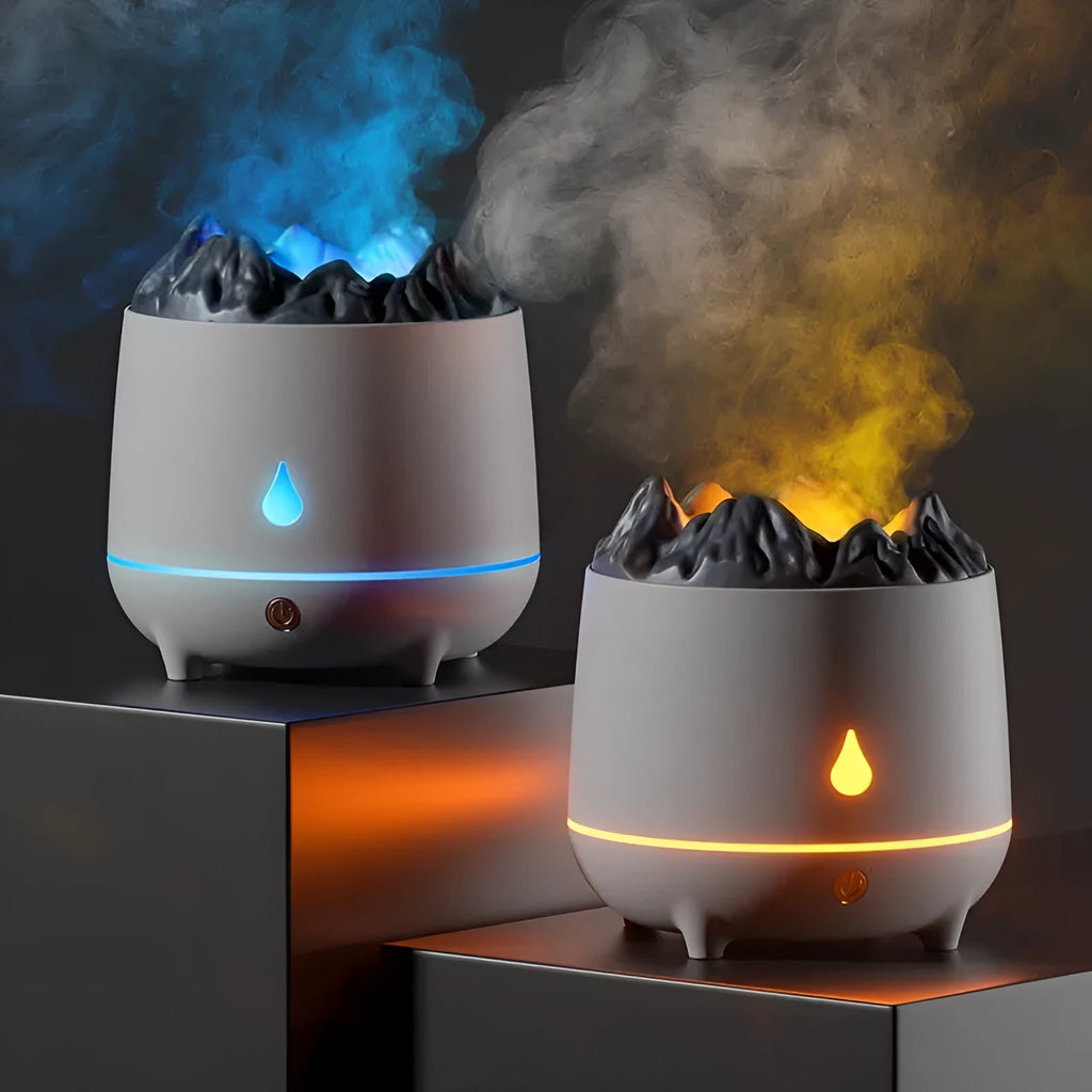 Black volcano-shaped ultrasonic humidifier and aroma diffuser with USB cable on a wooden table.