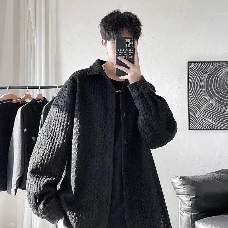 Men's cotton blend embossed loose lapel shirt coat in black