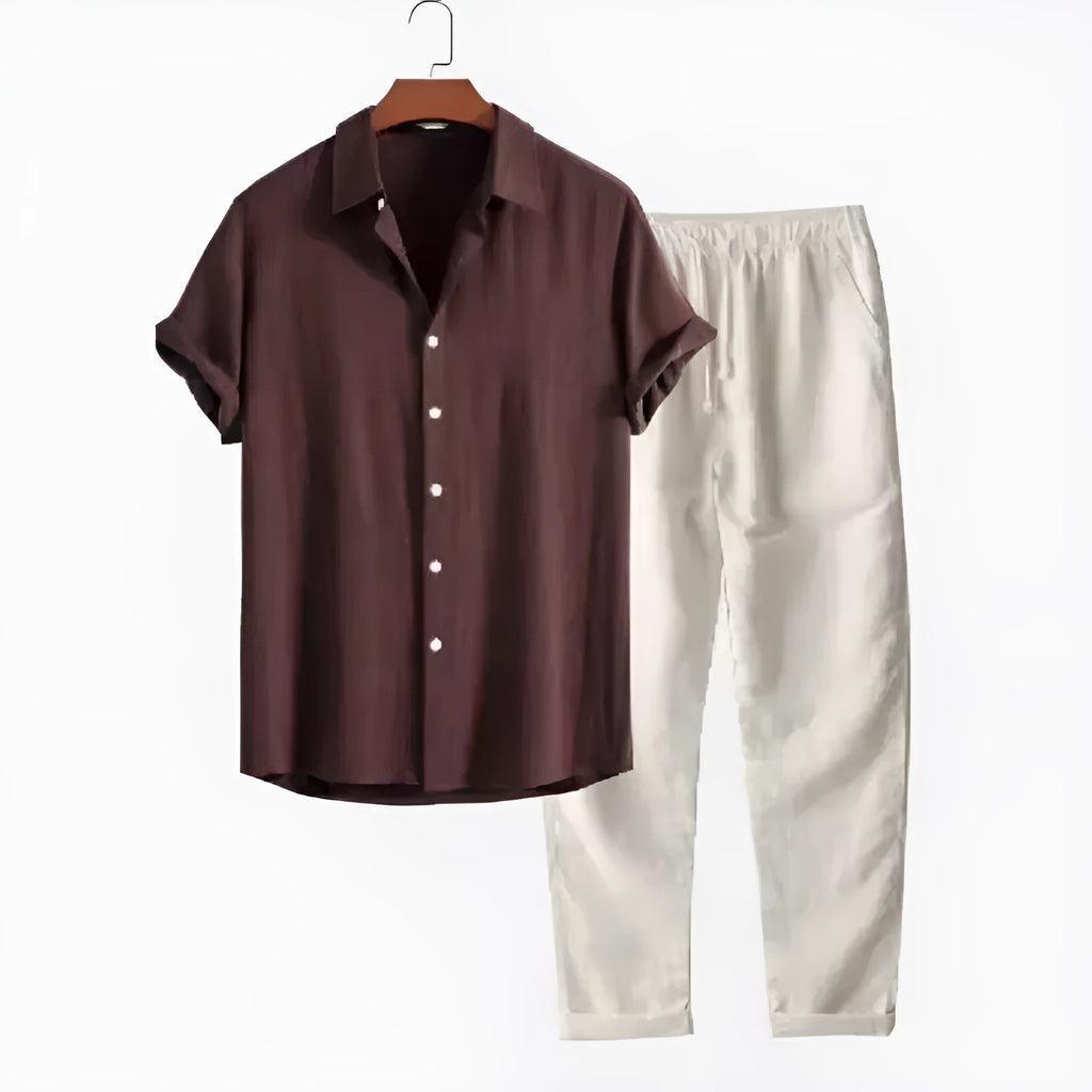 Men's loose fit casual short sleeve shirt and trousers suit in a linen blend fabric.