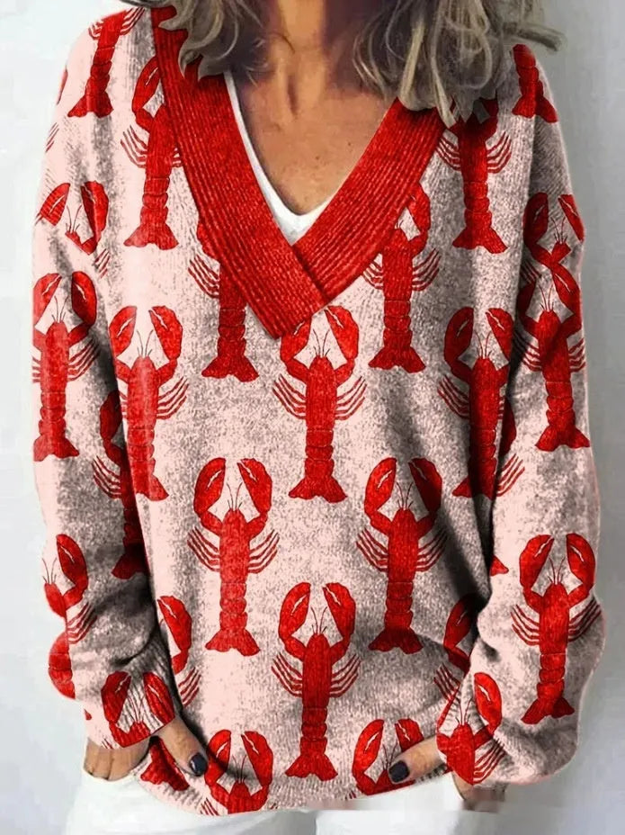 Women's floral printed sweatshirt with 3D pattern effect, V-neck pullover style in wool woven polyester fabric
