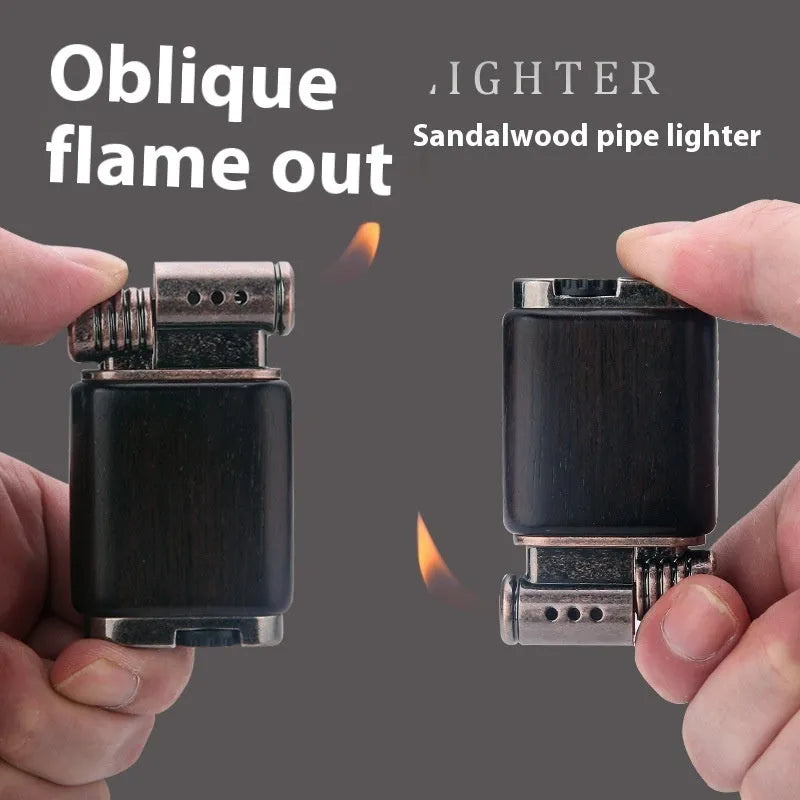 Ebony gas lighter with black wood finish and rosewood decorative detailing