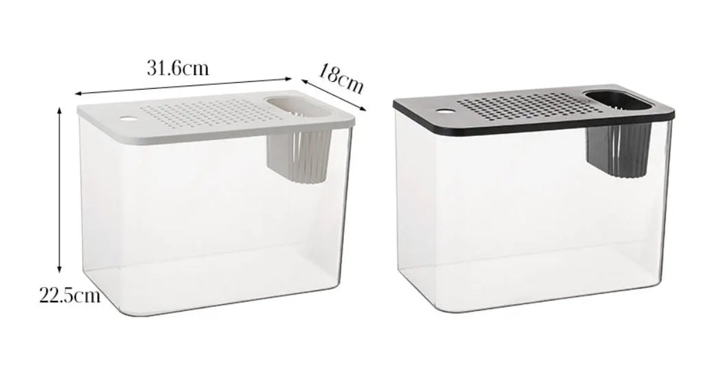 Medium plastic betta fish tank with cover in black or white, dimensions 32x18.5x23cm