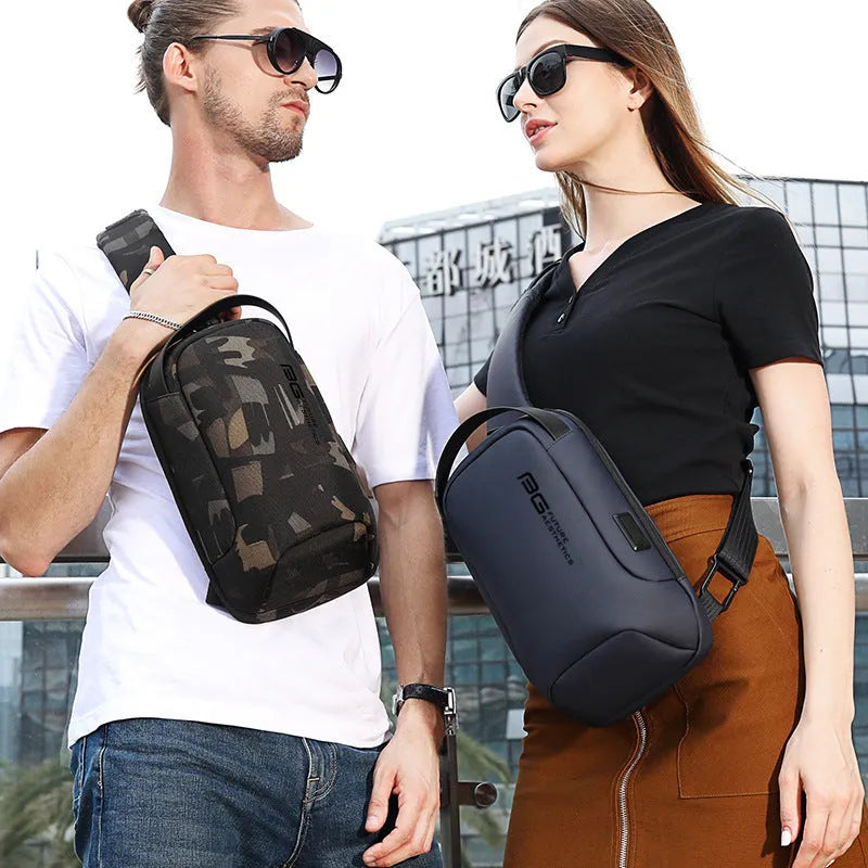 Men's blue oxford cloth business shoulder bag with USB charging port showing letter detailing