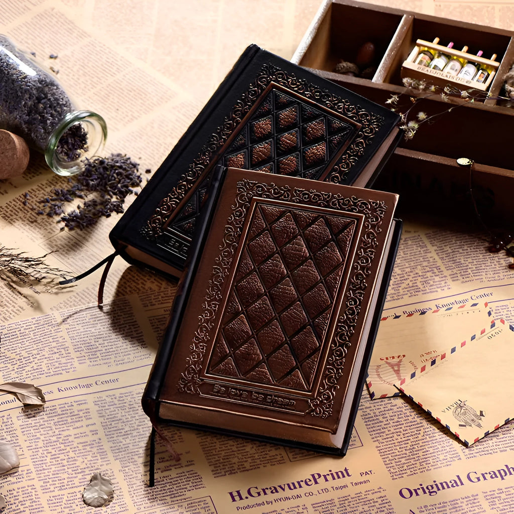 A5 notepad with textured embossed faux leather cover in bronze or black gold colour.