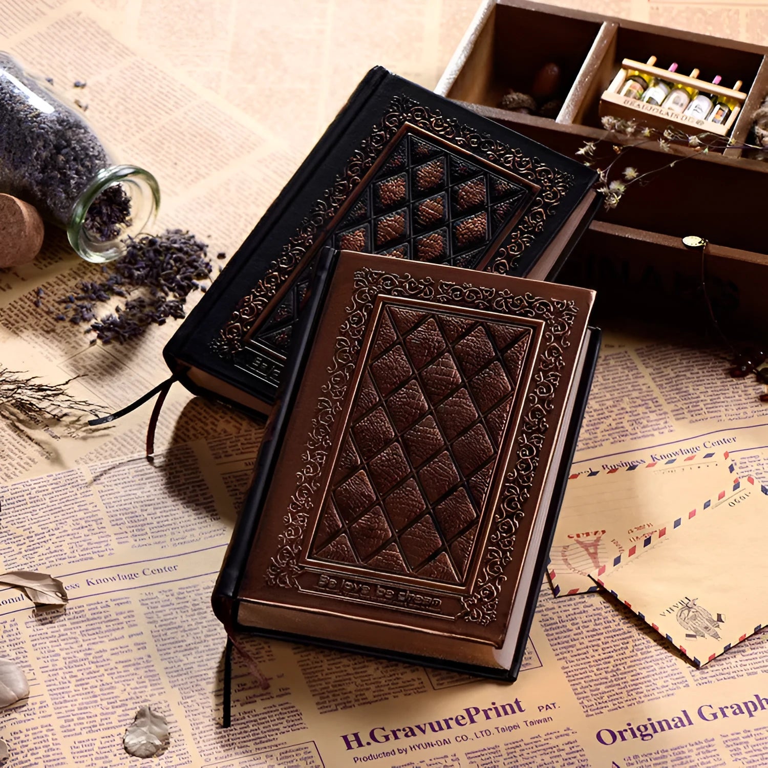 A5 notepad with textured embossed faux leather cover in bronze or black gold colour.