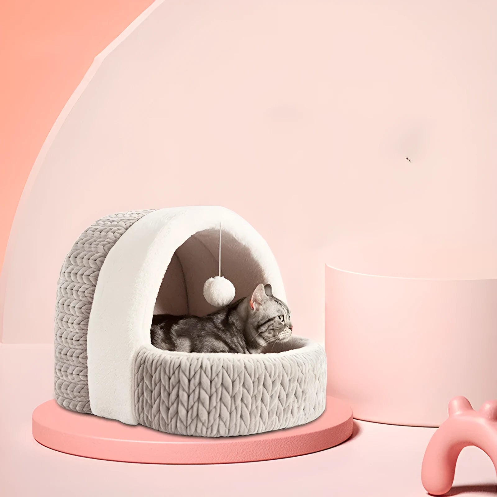 Four Seasons average size semi-enclosed cloth pet bed in pink and gray for cats and dogs