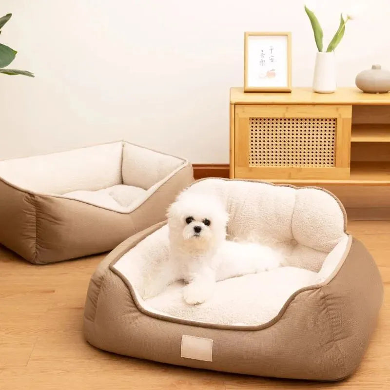 Plush pet bed in three sizes with washable fabric for indoor dog use