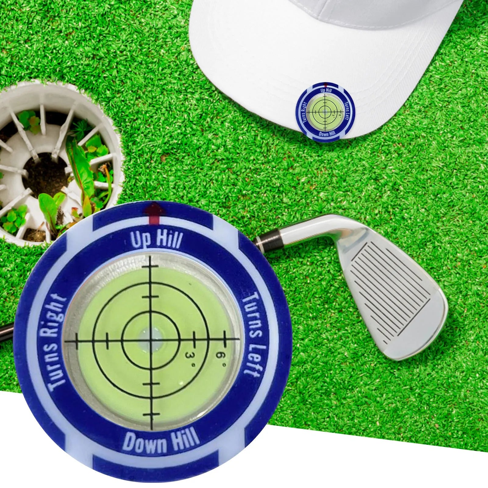 Golf level hat clip measurement tool with position marks and blue water level indicator