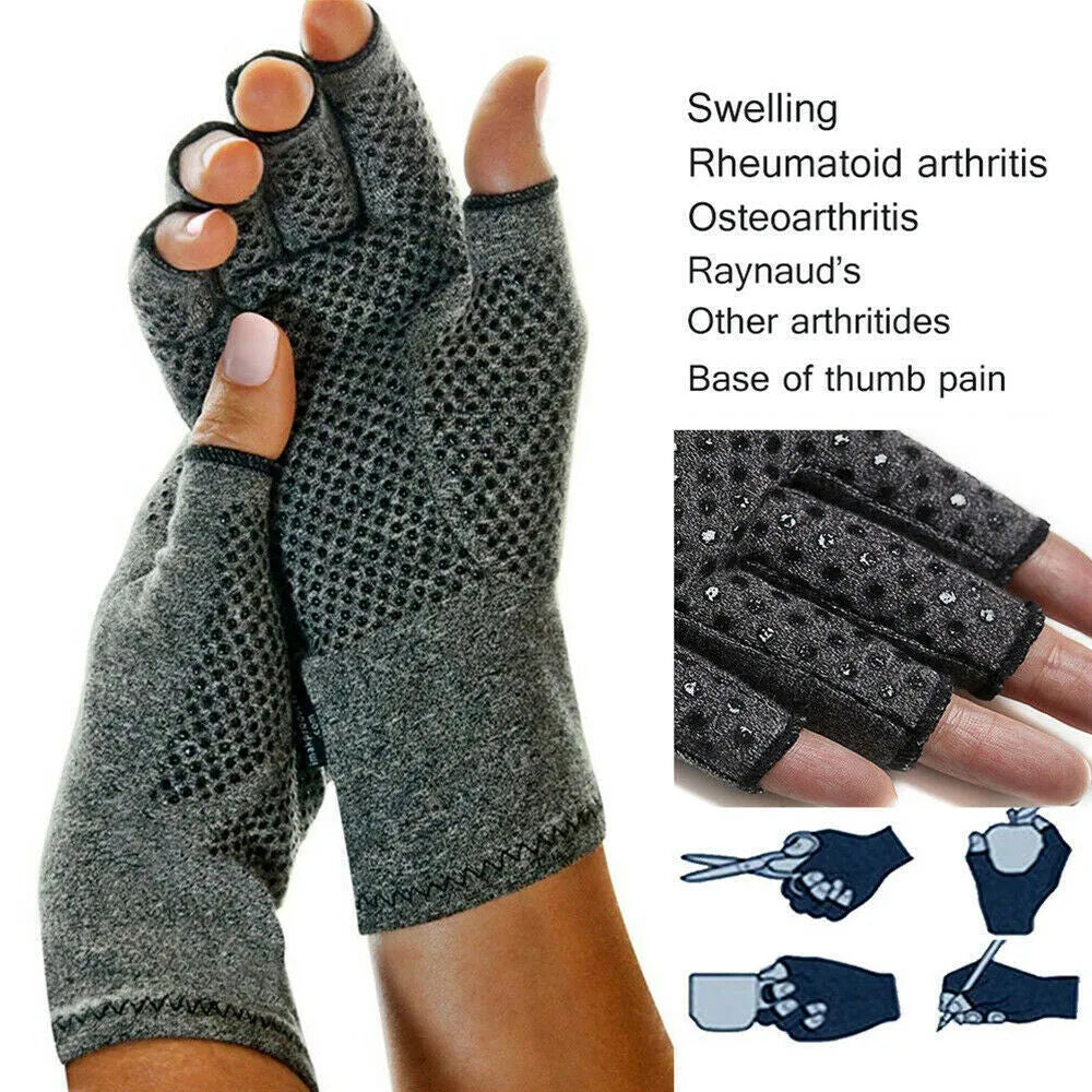 Grey half-finger joint compression gloves made from trueran spandex fabric with anti-slip grip surface