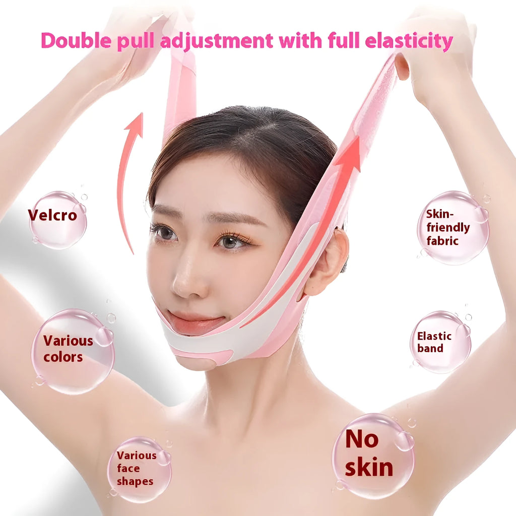 Pink elastic V face bandage for facial contouring and skin tightening with adjustable design