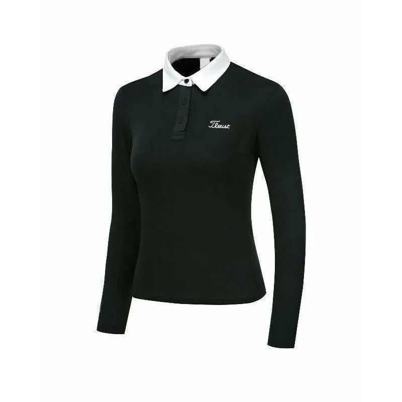Women's white long sleeve golf top in slim-fit polyester sportswear