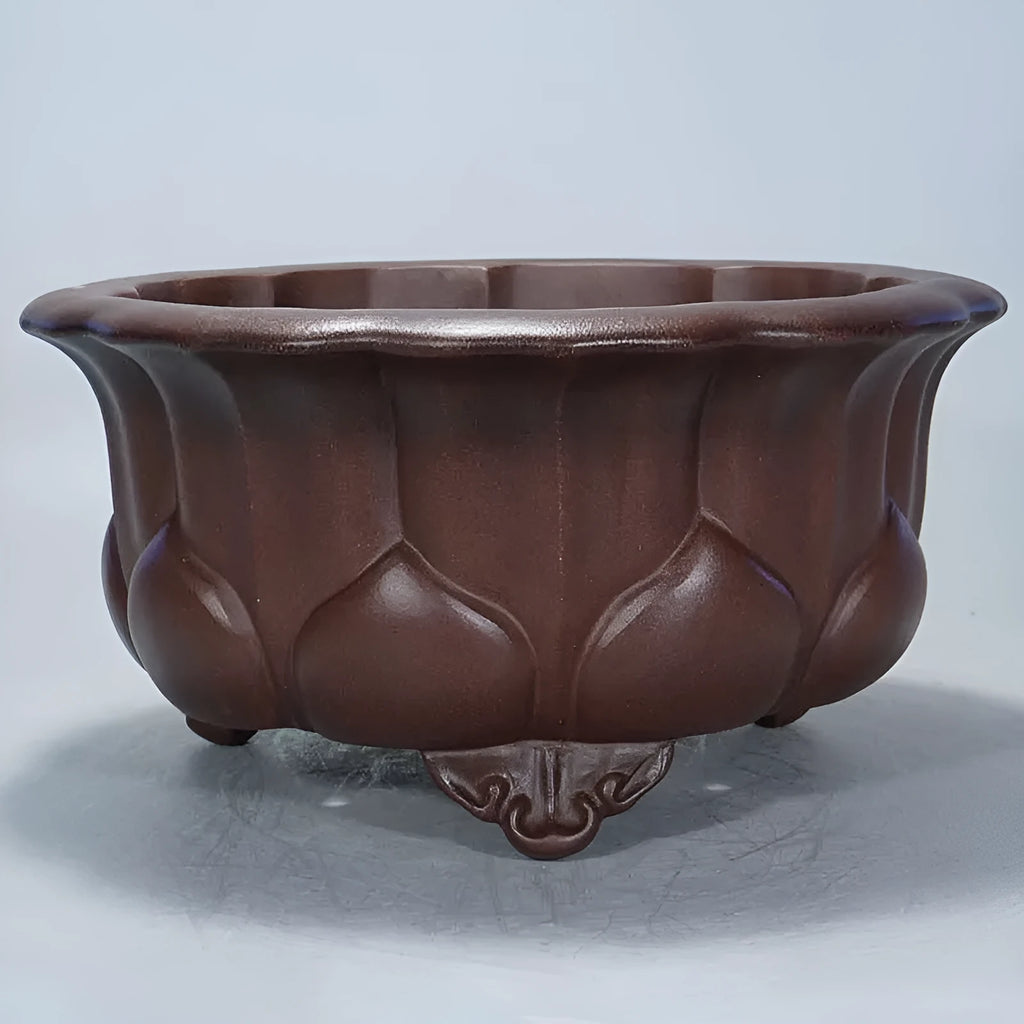 Purple red antique ceramic flower pot with petal basin shape for succulents.