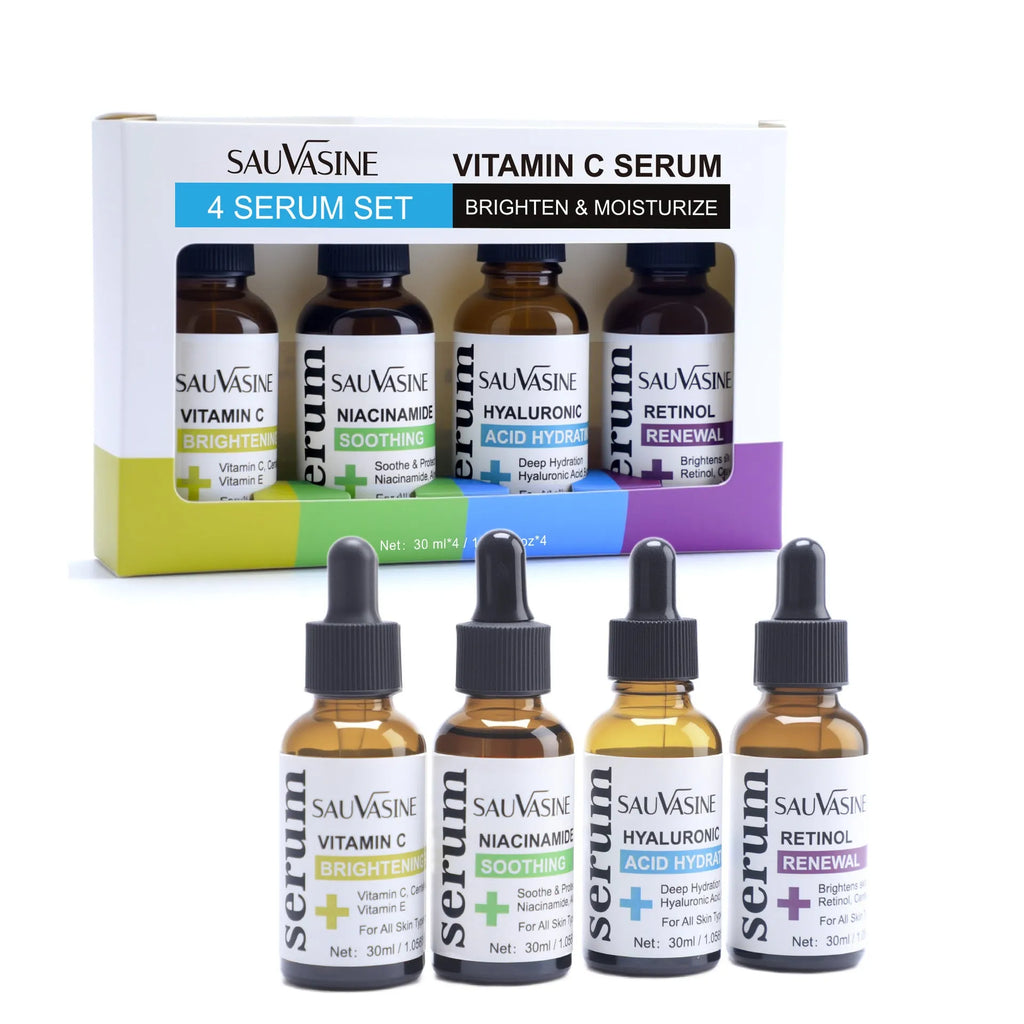 Vitamin C 4-piece skincare set with four 30ml facial essence bottles for pore refinement