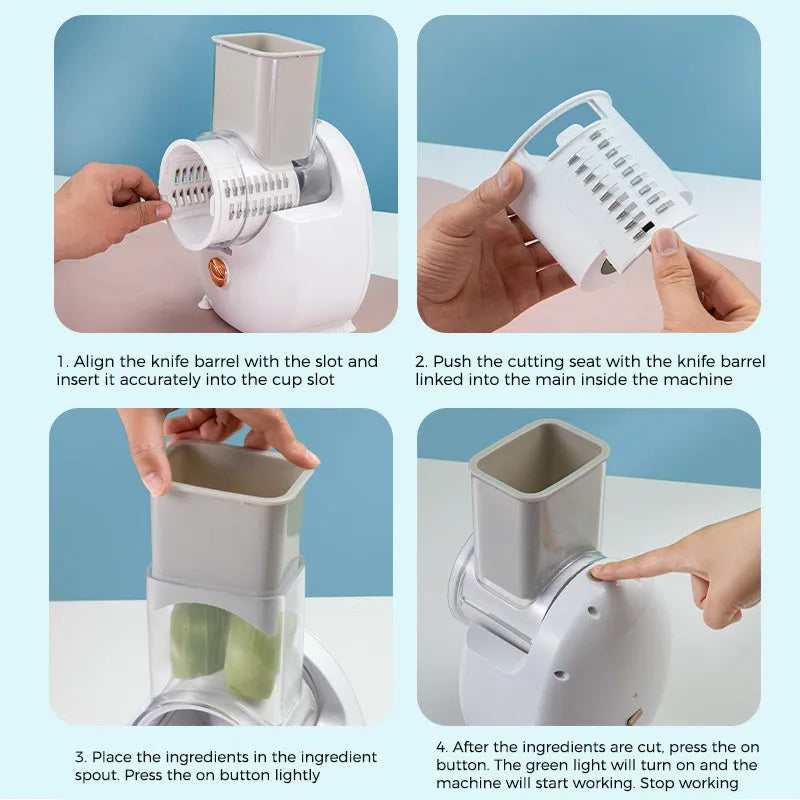 White electric vegetable slicer with suction base and multiple blades for kitchen food preparation