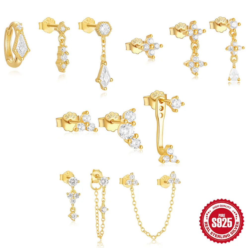 S925 sterling silver geometric zircon tassel earring set with three matching studs in gold colour