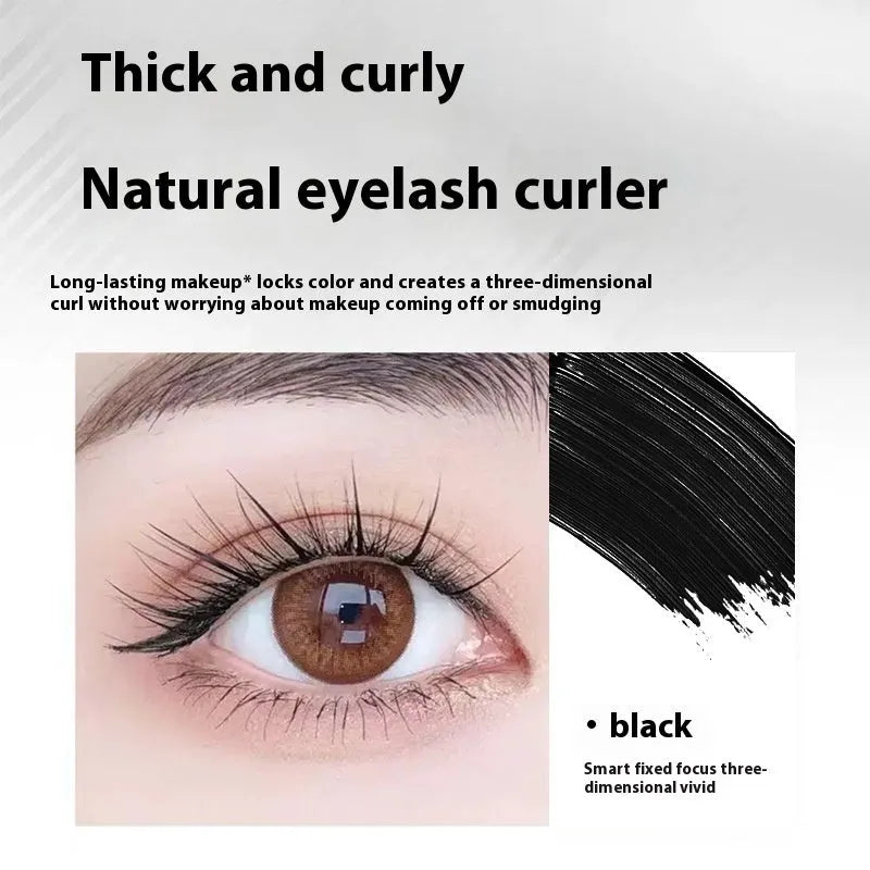 Waterproof mascara in a steel tube with choice of black or brown shade, shown with optional eyelash curler.