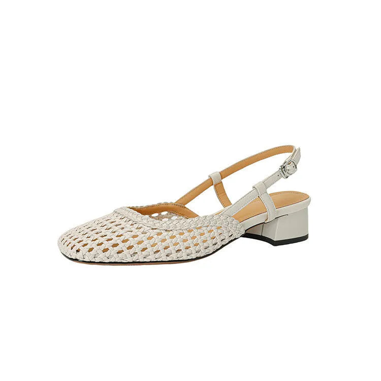 Women's woven hollow-out closed toe sandals with chunky heel and buckle closure in beige and black