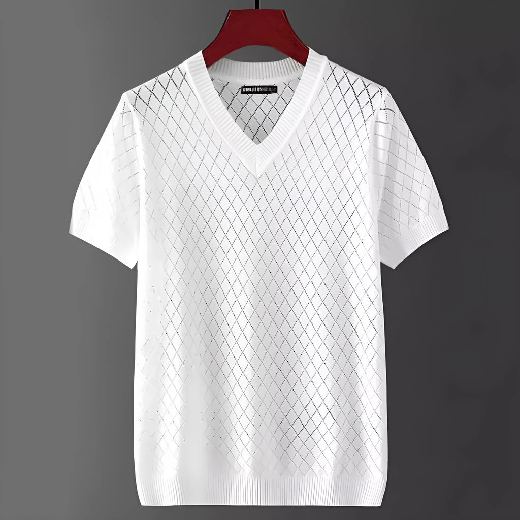 Men's black and white ice silk V-neck and round neck short sleeve t-shirts on hangers.