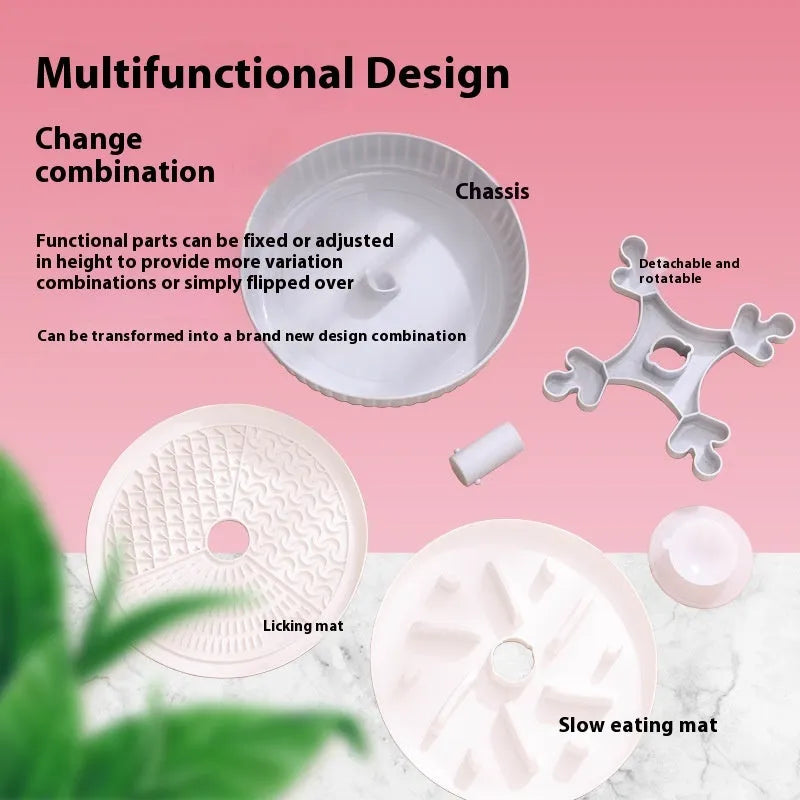 Pet food basin with rotating game board and silicone pad in multiple colour options
