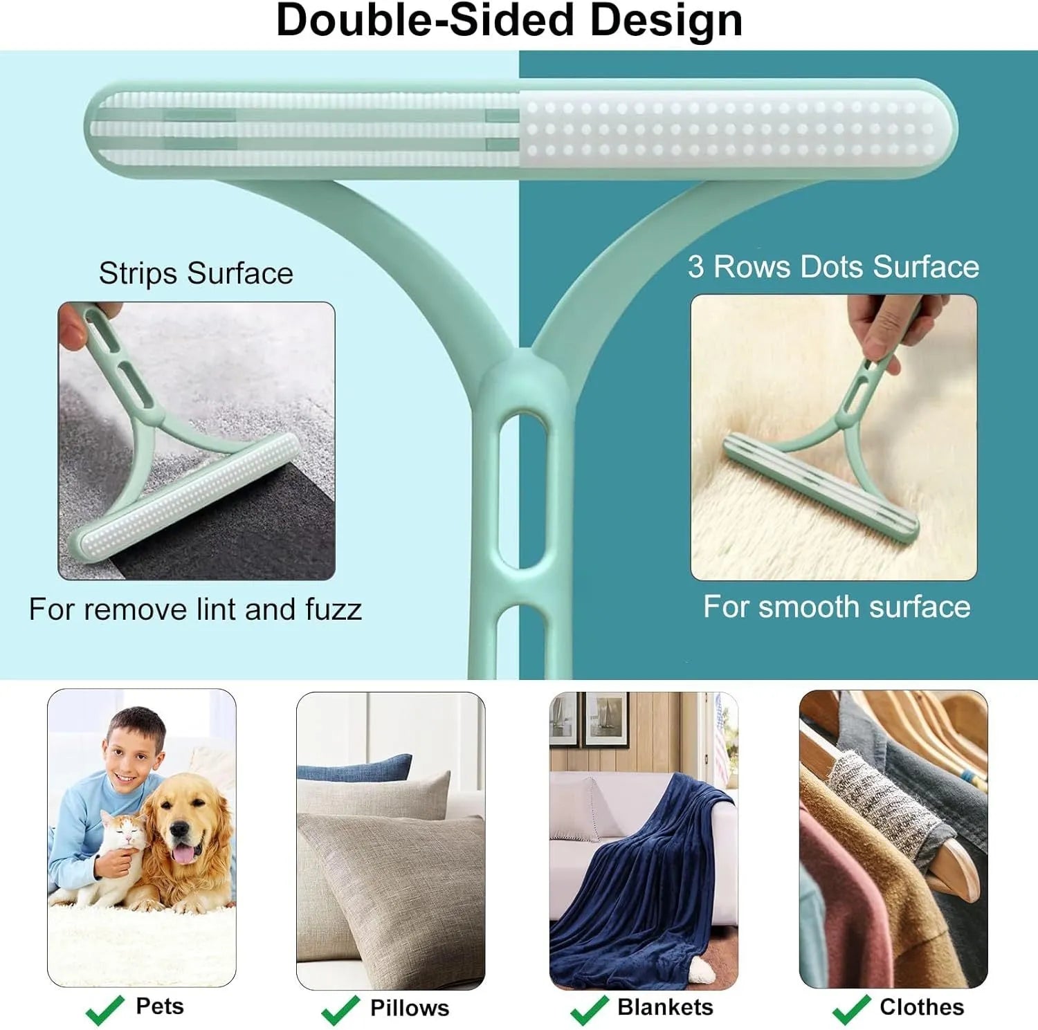 Three-piece pet hair remover set showing a metal lint shaver, a silicone brush, and a round plastic scraper.