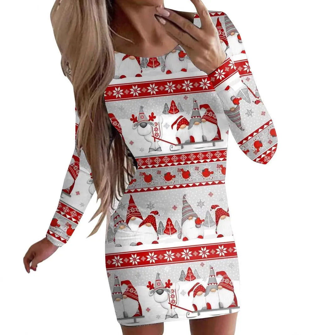 Christmas animal print dress with round neck, long sleeves, and floral pattern in polyester fabric