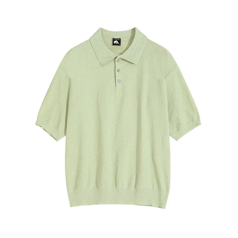 Men's retro knitted polo shirt in caramel colour with asymmetric design detail and short sleeves