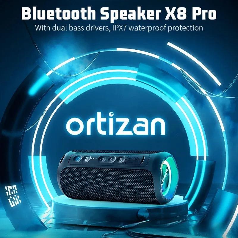 Black and blue fabric wireless Bluetooth speaker with 40W output, card slot, and lighting