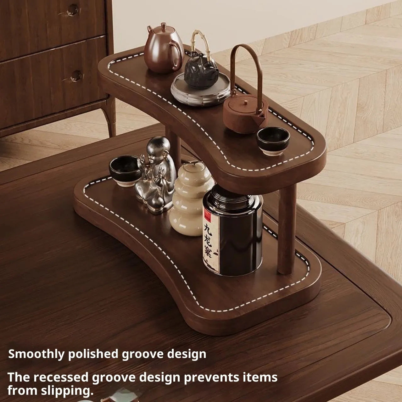 Full bamboo two-layer cup storage rack on a table top with cups organised