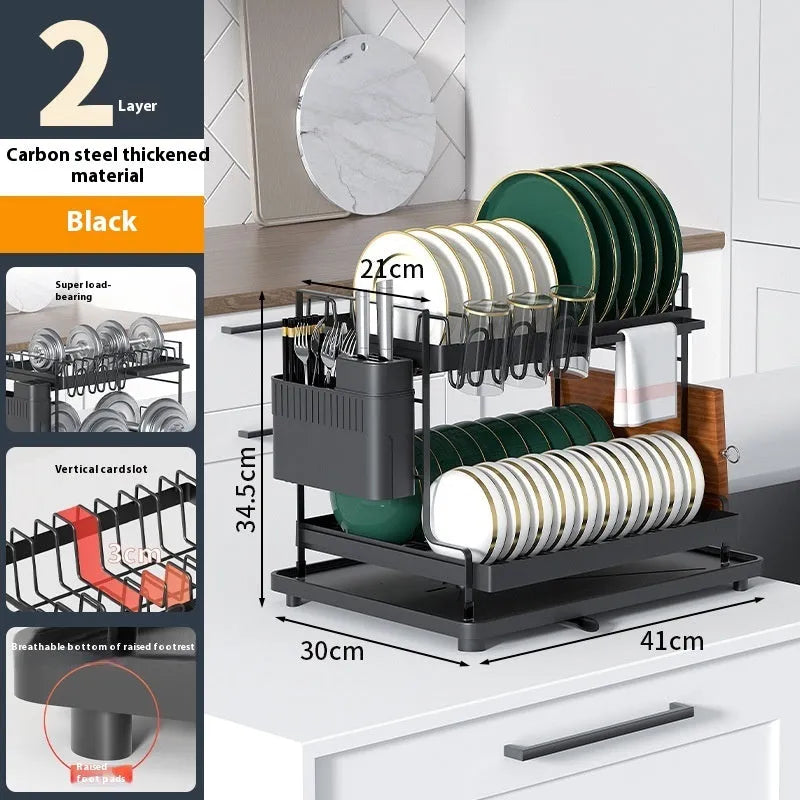 White double-layer kitchen draining rack with removable tray made from carbon steel
