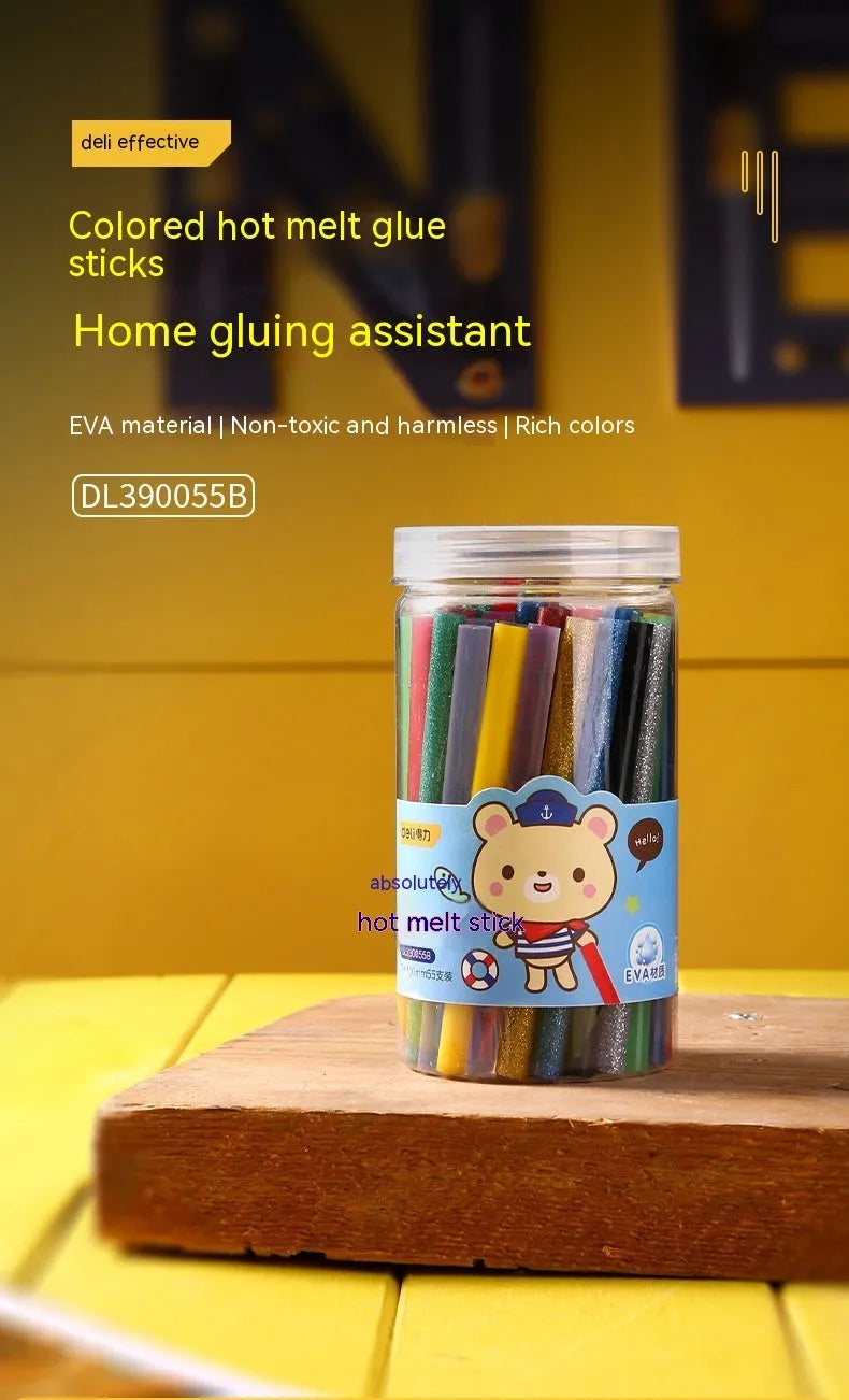 Pack of 55 transparent hot melt glue sticks measuring 7mm in diameter.