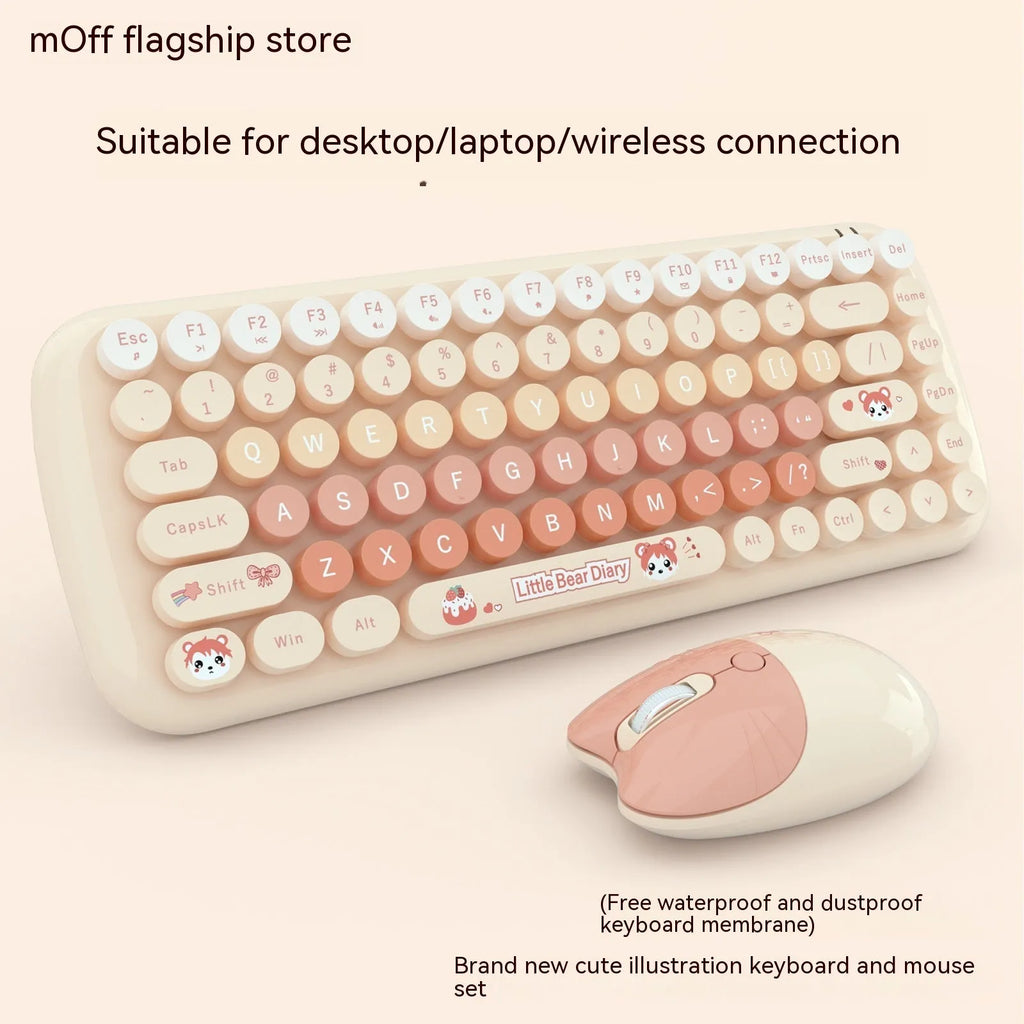 Pink mini cartoon wireless keyboard and mouse set with compact dimensions on desk