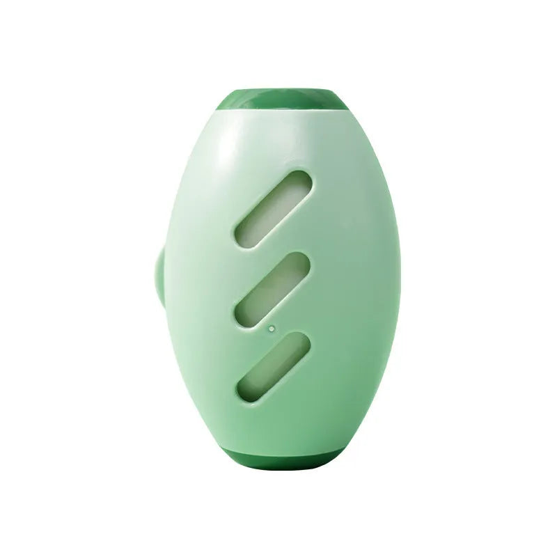 Green and white reusable gel lint roller ball for pet hair removal on fabric.