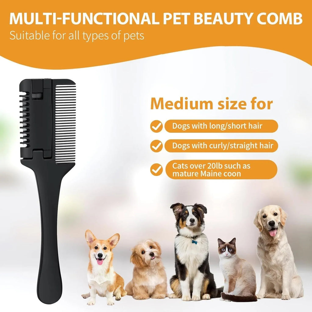 Pet razor comb and trimmer tool with spare blades for dog and cat grooming