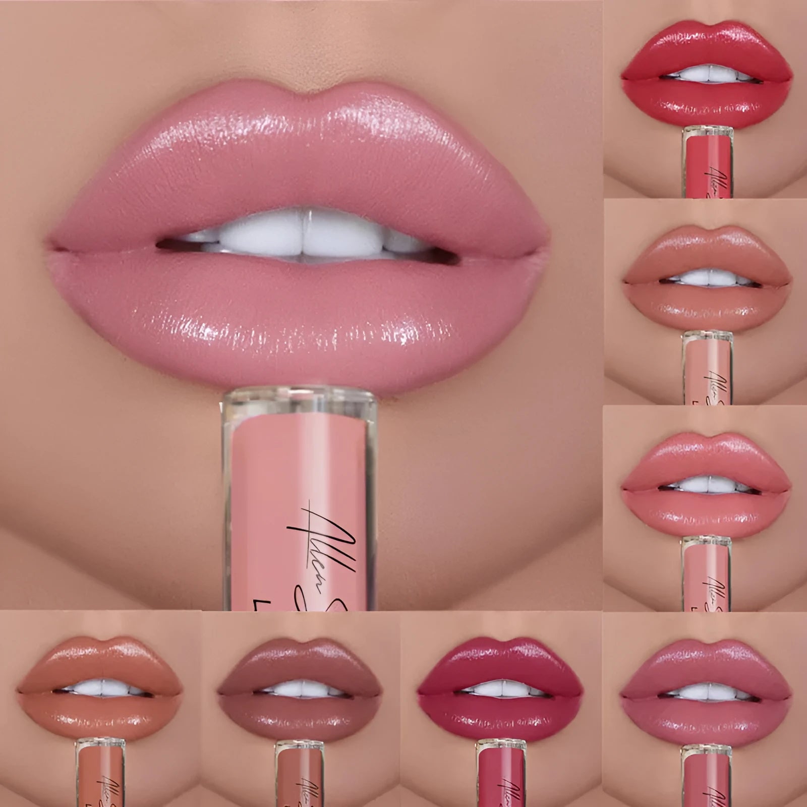 Silky cream texture lip gloss tube showing colour options from a single shade to a 12-piece set.