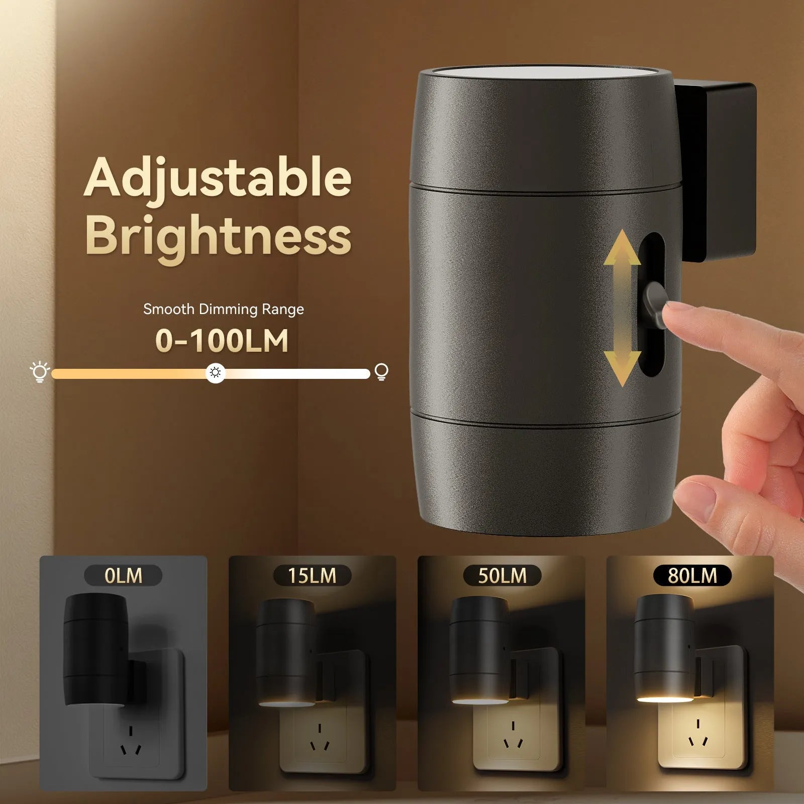Small white induction night lamp plugged into wall socket with adjustable brightness and rotatable warm light