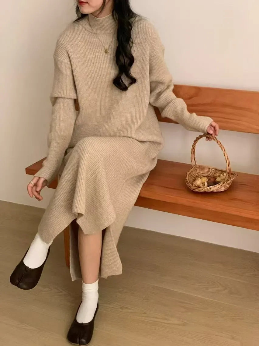 Half turtleneck acrylic knitted dress in knee length with high waist design