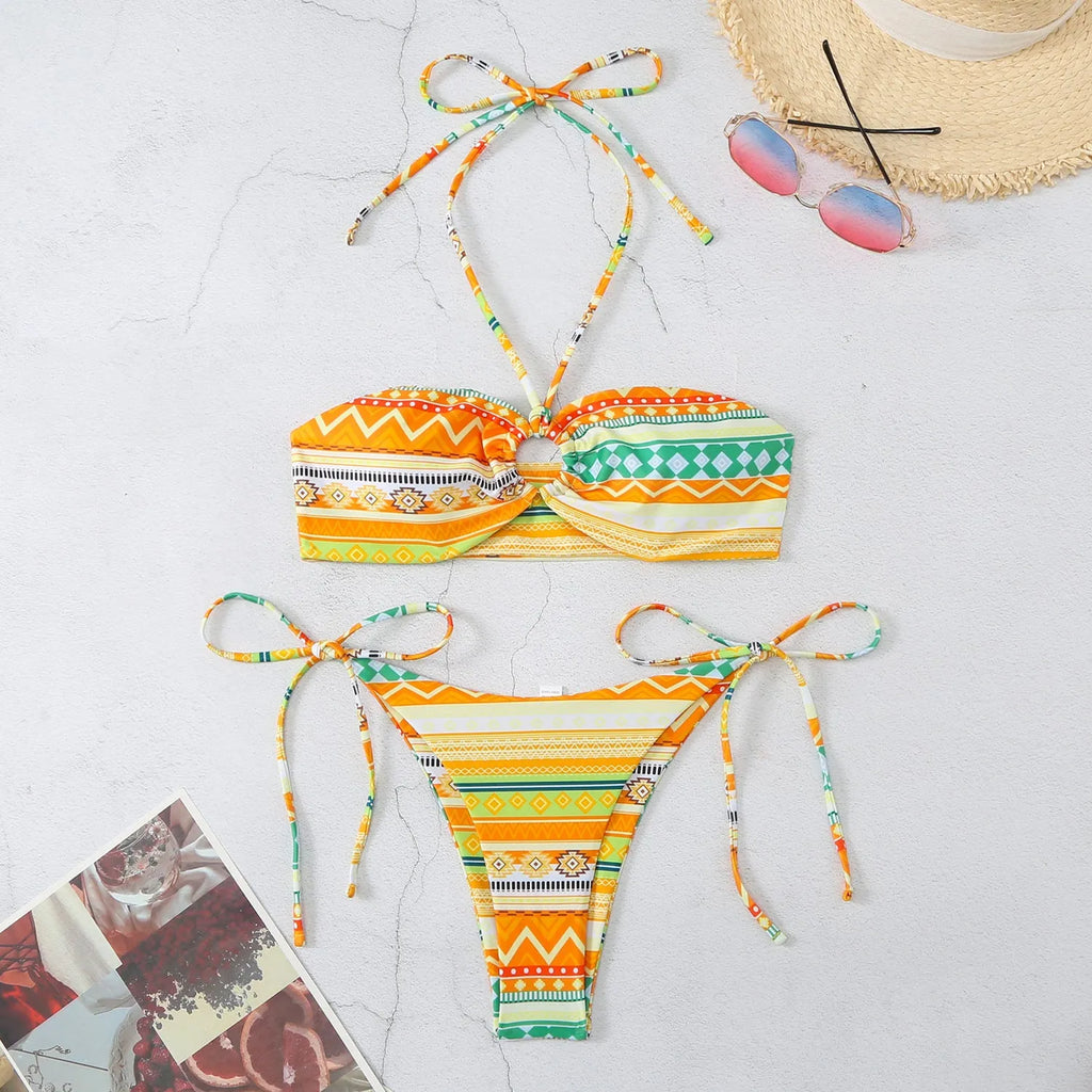 Women's halter neck bikini swimsuit in blue, yellow, or green stripe patterns